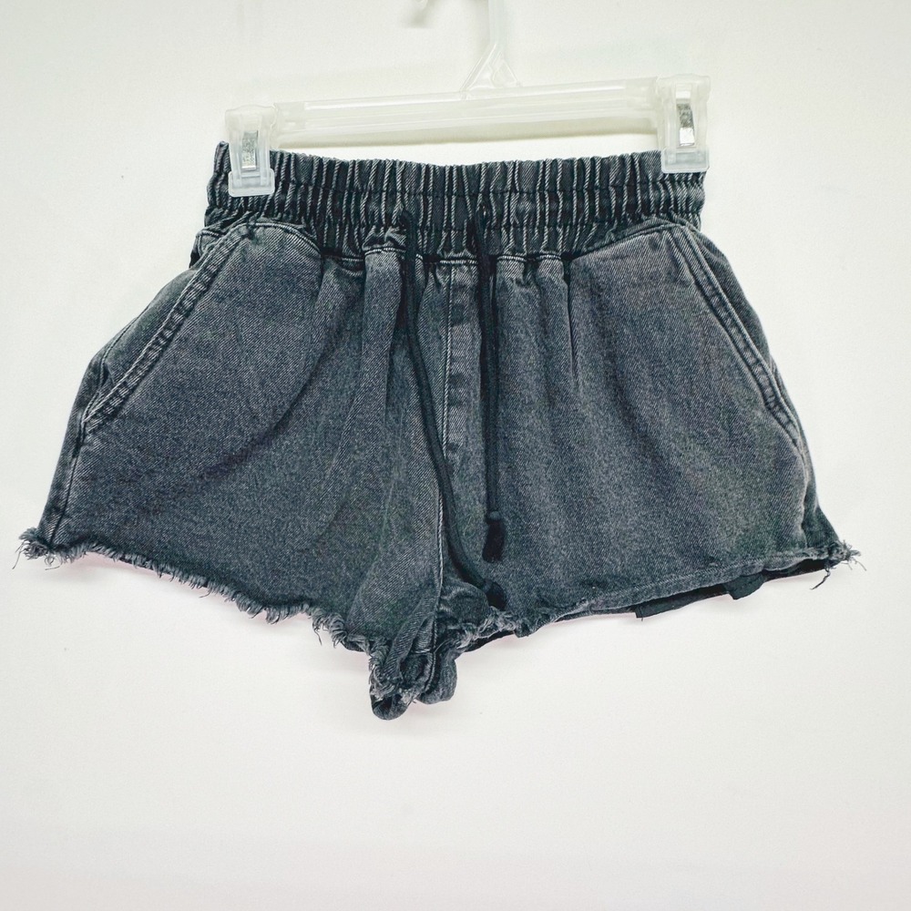 Forever 21 Womens XS Black Distressed High Waist Elastic Drawstring Denim Shorts